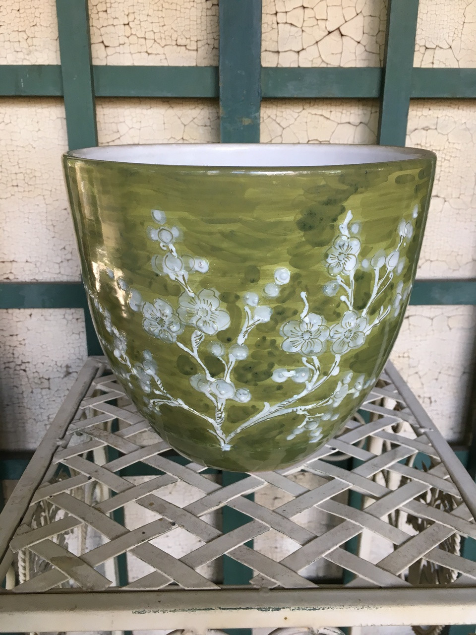 9&quot; Green Cherry Blossom Glazed Planter Pot Vintage NEW