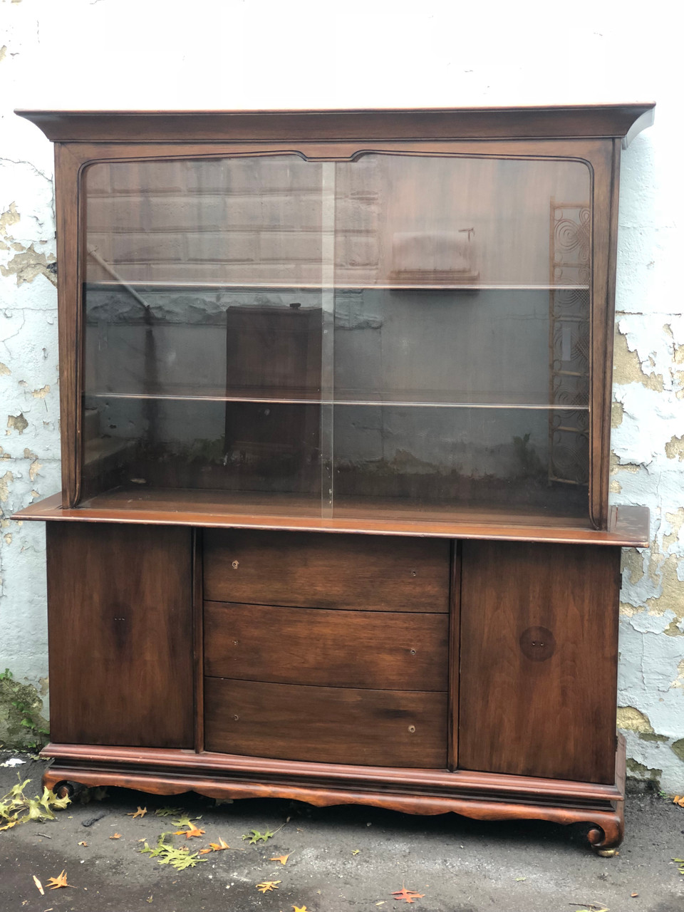 Vintage Modern Walnut China Cabinet W Sliding Glass Doors Forgotten Furniture