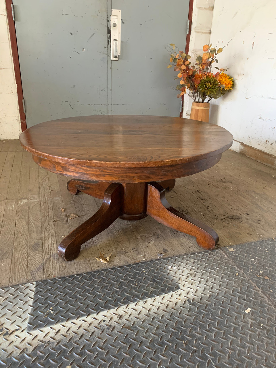 36 Round Oak Pedestal Coffee Table Forgotten Furniture Featuring a beautifully textured oak top finished in a satin black finish.