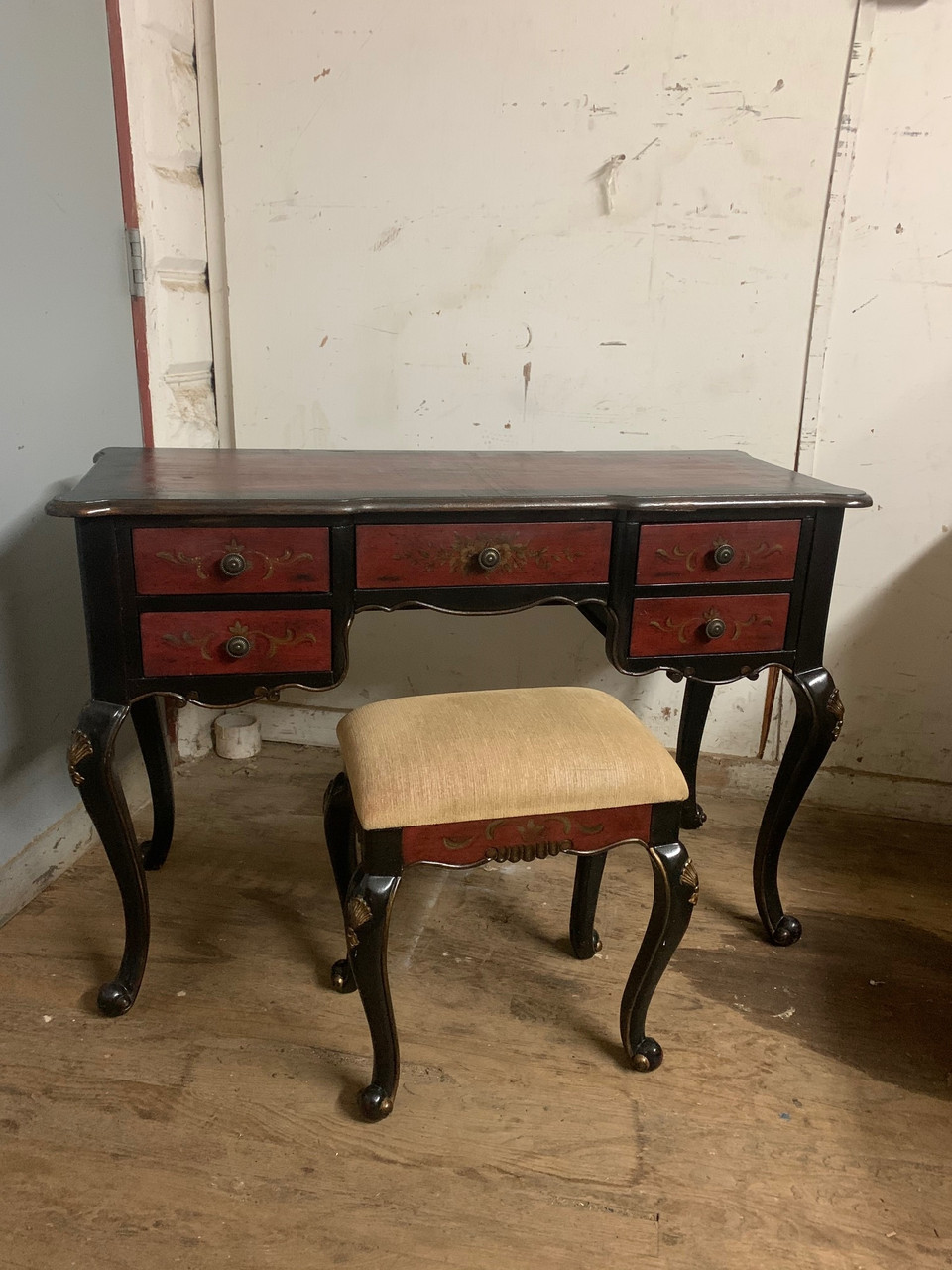 Black And Red Hand Painted French Desk With Stool Forgotten Furniture
