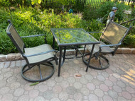 Hampton bay dark gray glass top bistro patio table and two swivel sling chairs