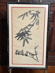 Chinese Vintage ink bamboo and sparrows framed art