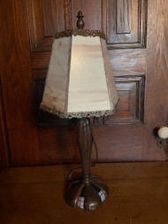 Vintage bronze finish stained glass purple table lamp