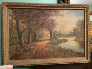 Vintage autumn pathway and pond print in a gold gild plaster frame