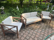 3 Piece teak patio set with white cushions by Safavieh