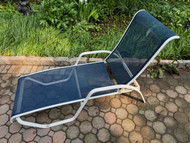 Vintage modern white with blue sling patio lounge chair