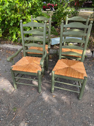 Set of four vintage green farmhouse style ladderback and rush chairs