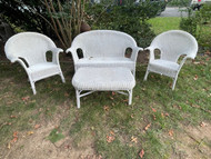Set of vintage real white patio porch wicker love seat, table and two chairs