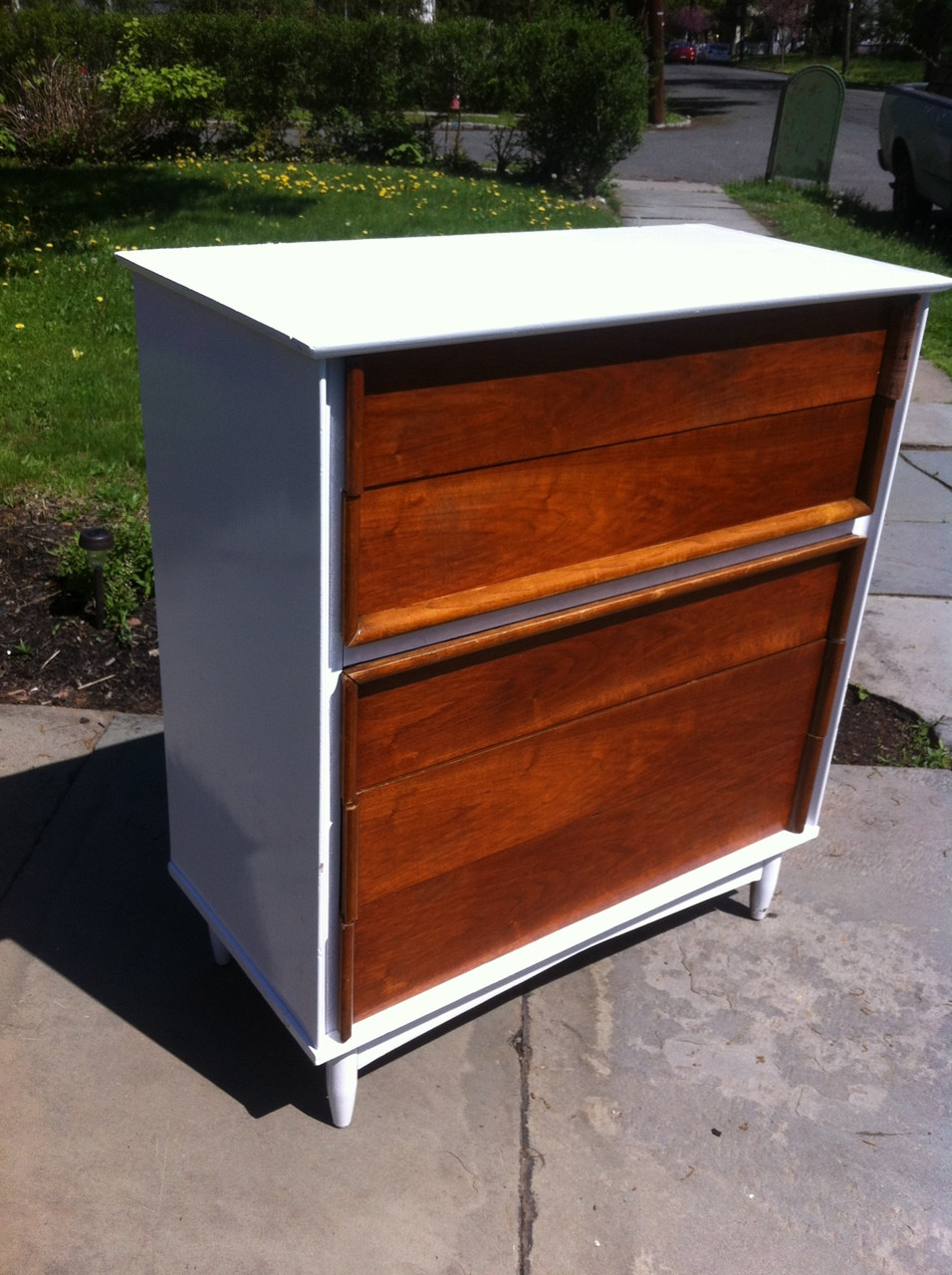 Mid Century Modern White/Walnut 5 Drawer Dresser ... This 4 drawer tallboy features ample storage space, cutout handles, and sleek splayed legs.