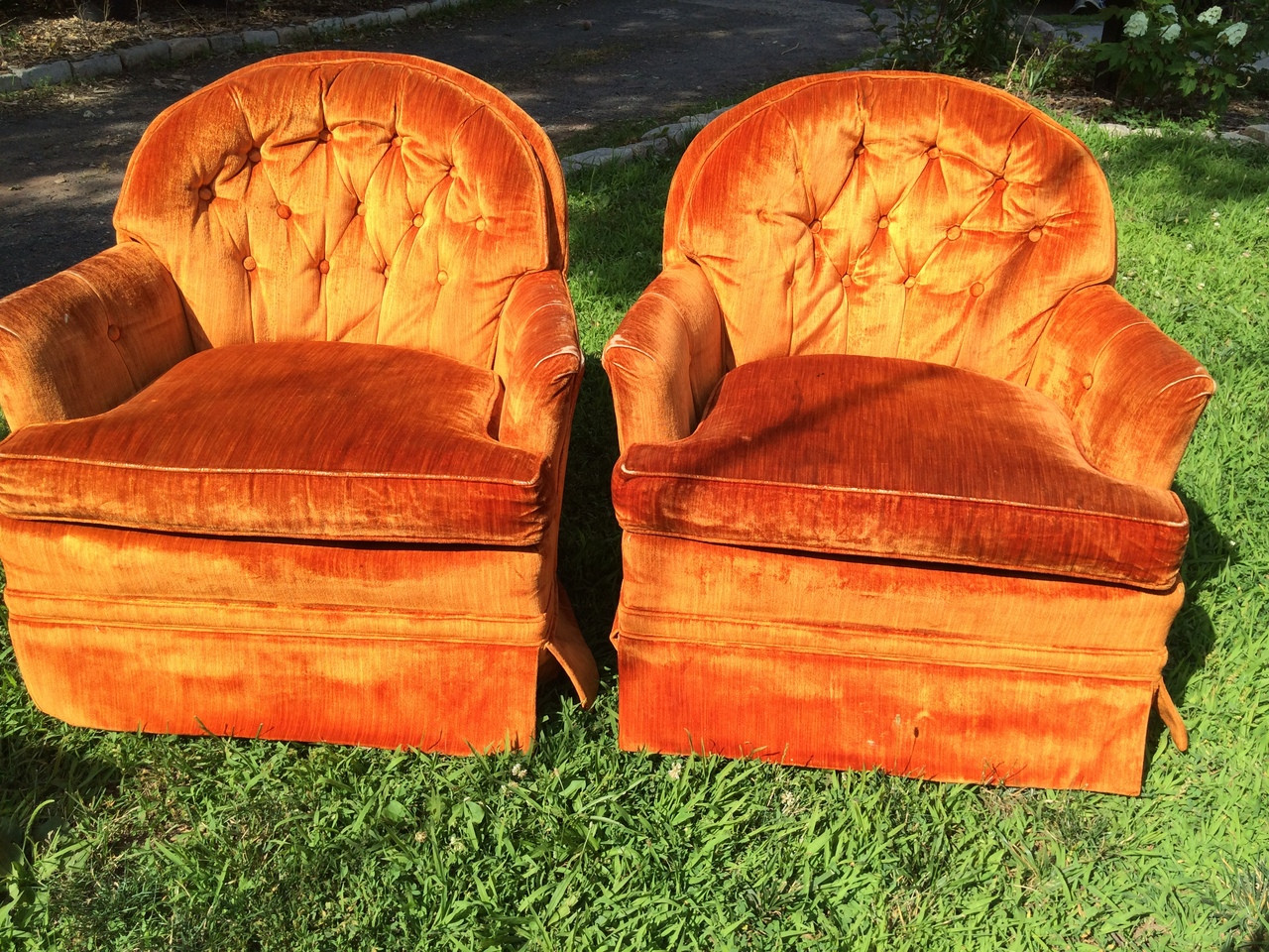 Pair of Vintage Orange Velvet Tufted Arm Chairs - Forgotten Furniture