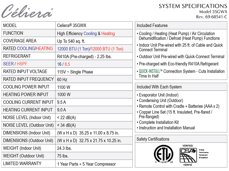Celiera 35GWX Specifications