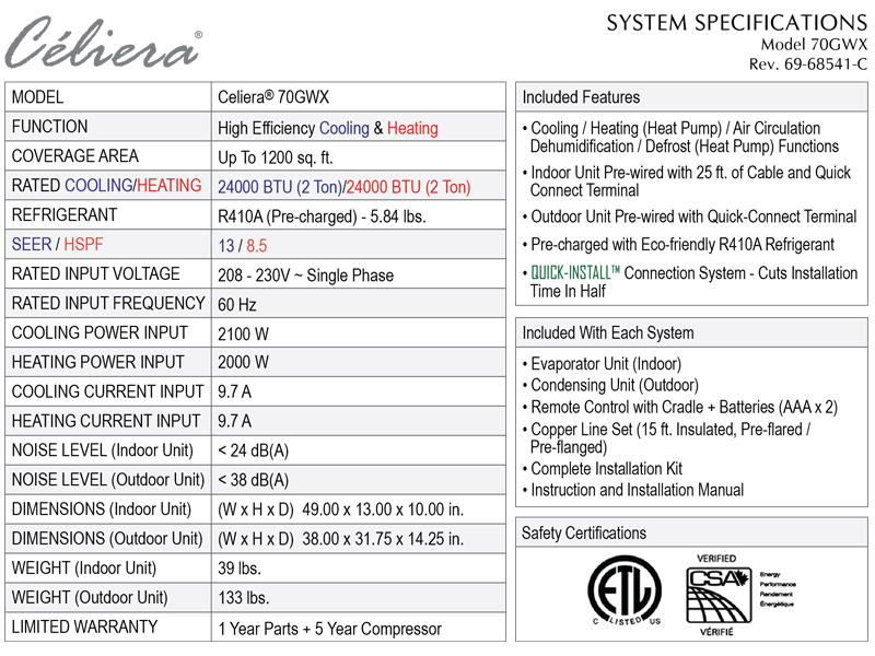 Celiera 70GWX Specifications