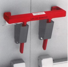 Security Latch #5504-CL for double panic doors with any type of exit device and with no center post between doors. "Flush Mount"