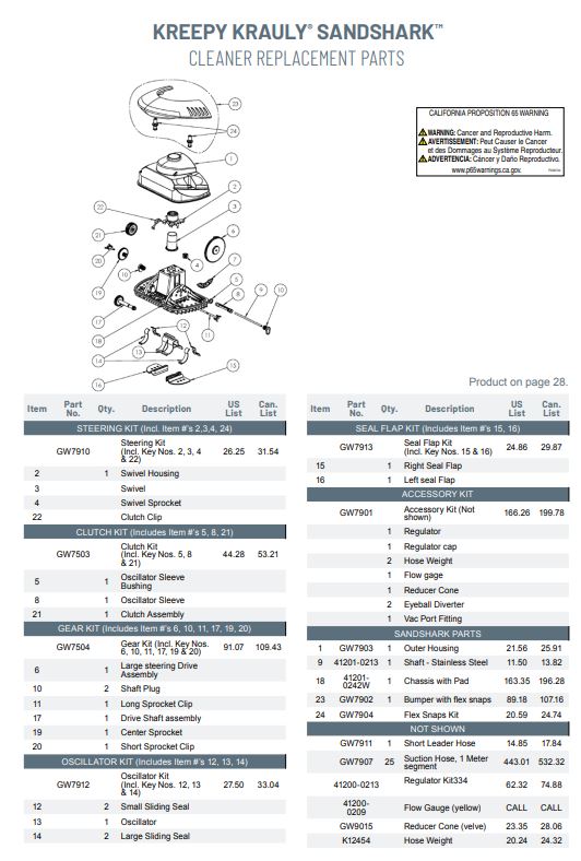 Kreepy Krauly Sandshark Pool Cleaner Parts