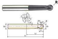 YG1 USA EDP # 93297 4 FLUTE LONG LENGTH BALL NOSE ECONOMIC TYPE X-POWER CARBIDE 1/4 x 1/4 x 9/32 x 1-1/4 x 4