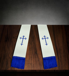 Clergy Stole White Satin with Royal Blue Cross