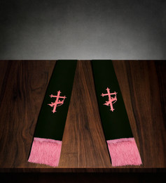 Clergy Stole Black Satin with Pink Cross/Crown