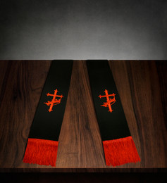 Clergy Stole Black Satin with Red Cross/Crown