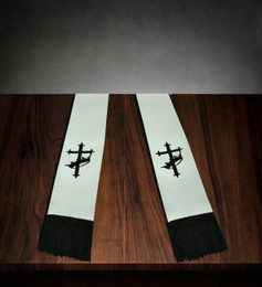 Clergy Stole White Satin with Black Cross/Crown