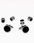 Circular Black Onyx and Silver Cufflinks and Studs