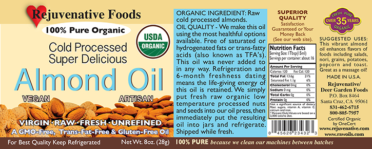 Fresh Pressed Raw Almond Oil Organic label Pure|glass jar||Plastic free||satisfaction guarantee||cold processed|enhances foods with a touch of almond flavor