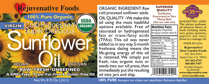 Fresh Pressed Raw Sunflower Oil Organic Label Pure glass jar Plastic free satisfaction guarantee cold processed,enhances salads,nori,grains