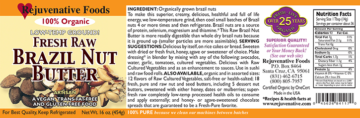 Fresh Raw Brazil Nut Butter Organic label Pure glass jar Low Temp creamy smooth digestible Plastic free satisfaction guarantee,vitamin E,B-complex vitamins