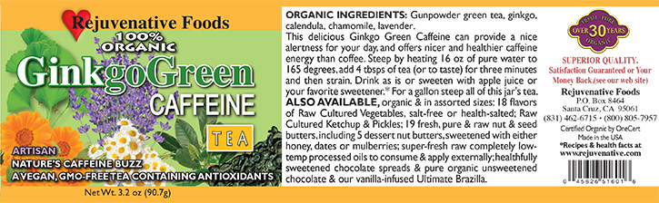 Ginkgo Green Caffeine Loose-Leaf Organic Health-Tea Rejuvenative Foods label Calendula,Chamomile,Lavender,Gunpowder-Green and White Dry Tea-Bag-Free In-Glass-Jar-To-Steep, Makes Gallon Vitamins-A-folates-riboflavin-thiamin Minerals-calcium-iron Good-for-vision-blood circulation cognitive anti-inflammatory low-in-fat energy-enhancing