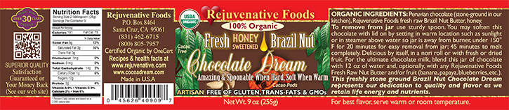 Stone-Ground-in-our-kitchen 100% Organic Certified USDA label Pure Fresh Dairy-Free Brazil-Nut Chocolate Smooth-Creamy-Dream Honey-Sweetened GMO-Free Antioxidants fudge candy-in-glass-jar white-sugar-free Nutrition Minerals