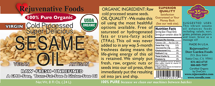 Virgin Unrefined Fresh Pressed Raw Sesame Oil Cerified Organic label Pure glass jar Plastic free satisfaction guarantee cold processed B complex Vitamins