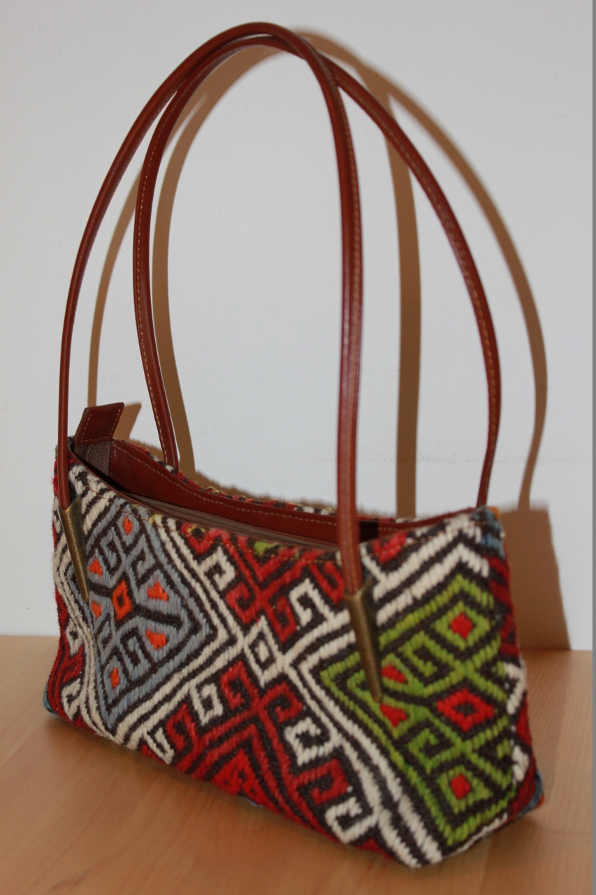 Kilim Shoulder Tote bag with Leather Handles and Trim