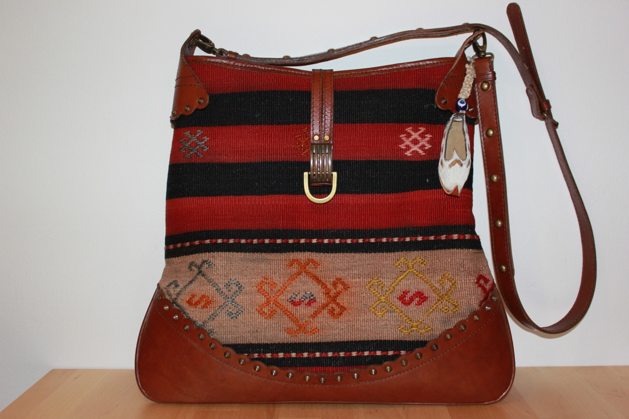 Kilim Shoulder Cross body bag with Leather Strap and Trim