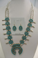 Turquoise and Red Coral Squash Blossom Necklace and Earrings Set Reversible