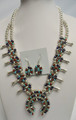 Turquoise and Multi Color Squash Blossom Necklace and Earrings  Sterling Silver