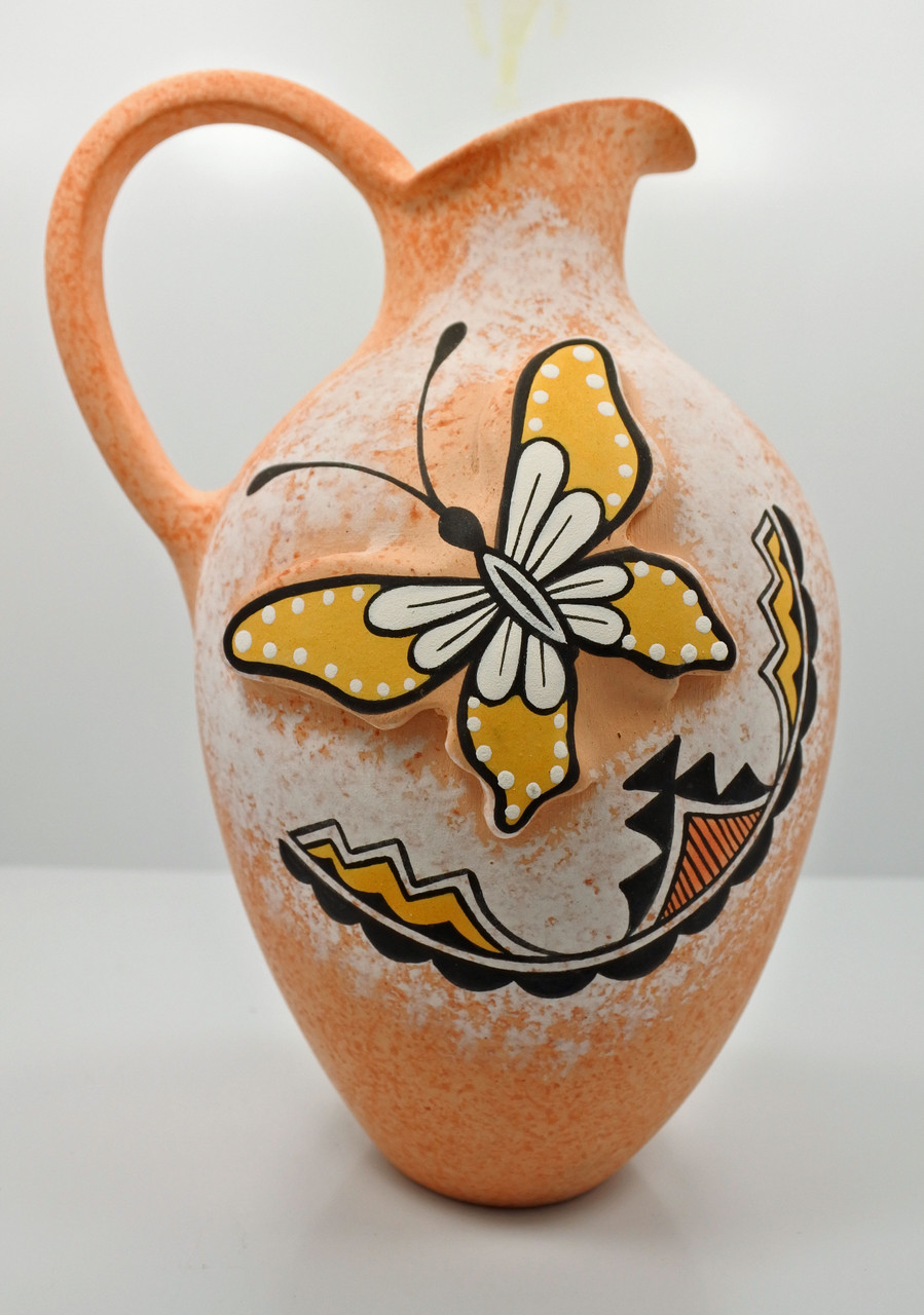 Native American Pottery Hand Painted Butterfly Pot by Tony Lorenzo