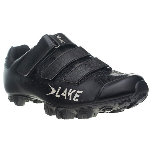 Lake MX161 Wide Fit black mountain bike shoe with velcro straps and cleat holes visible underneath.