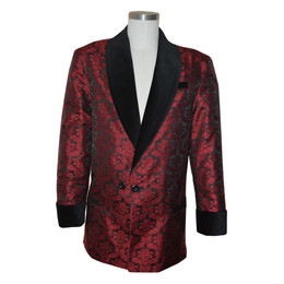 Wine brocade smoking jacket with bemberg lining. Black velvet cuff and collar. Adjustable 3" cuff to lengthen or shorten. Wine brocade smoking jacket with bemberg lining. Black velvet cuff and collar. Adjustable 3" cuff to lengthen or shorten.