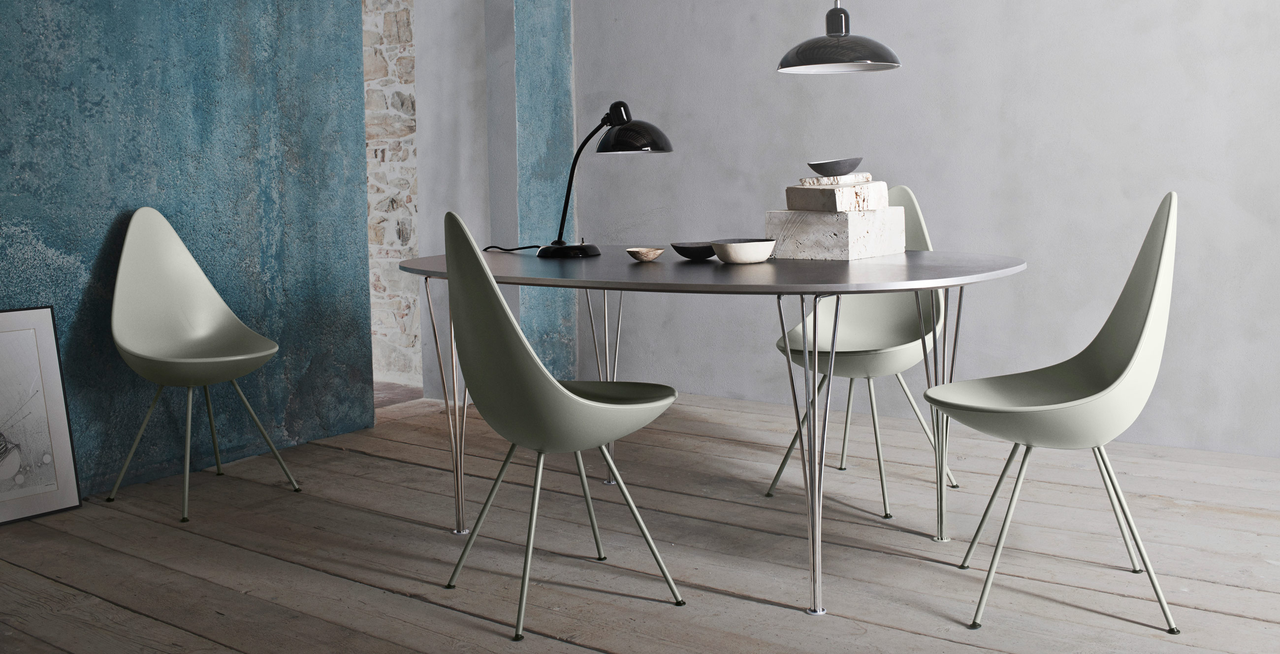 Fritz Hansen Super Elliptical Table Grey Laminate & Chrome Base with Drop Chairs