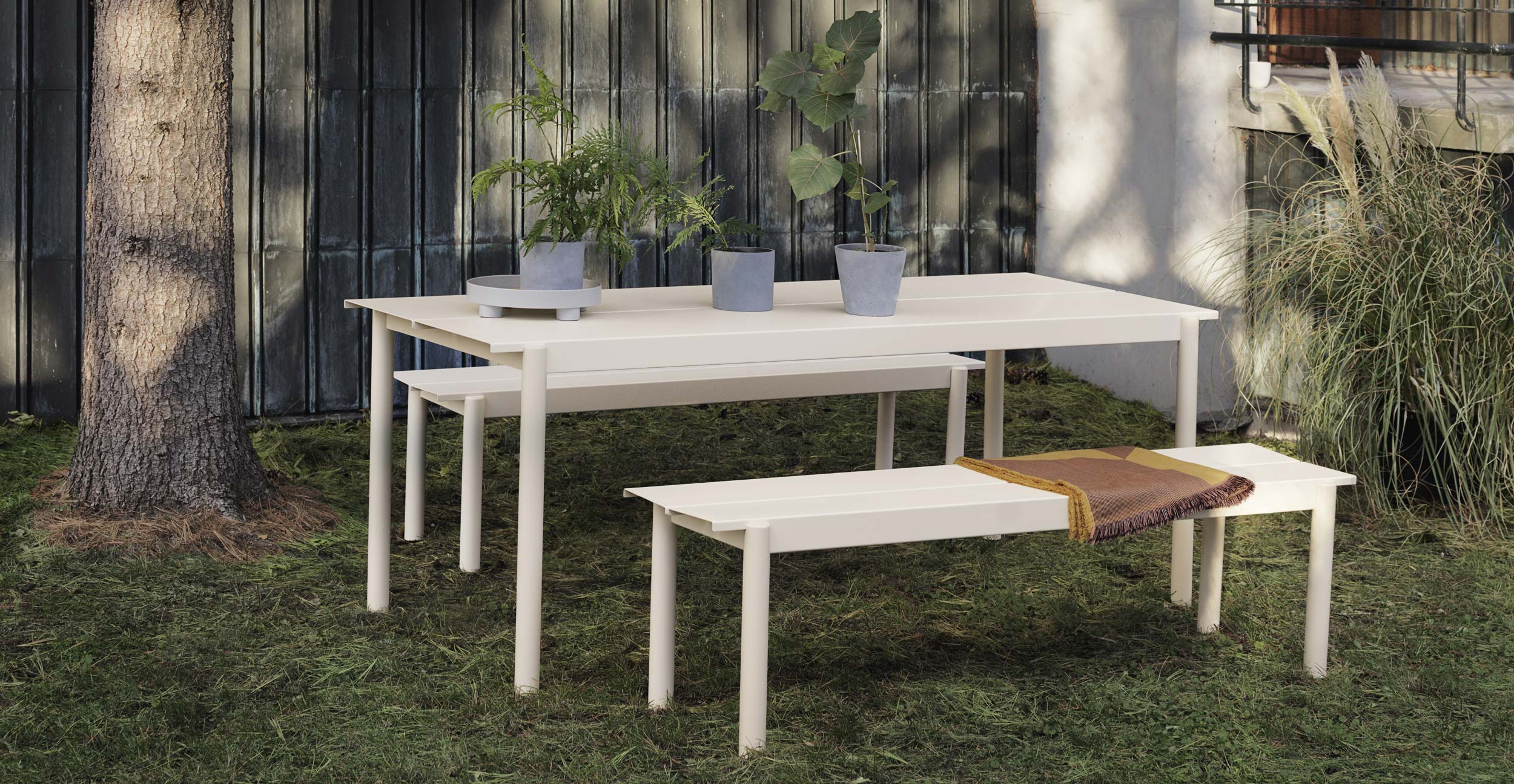 Muuto Linear Steel Table and Benches White Outdoor