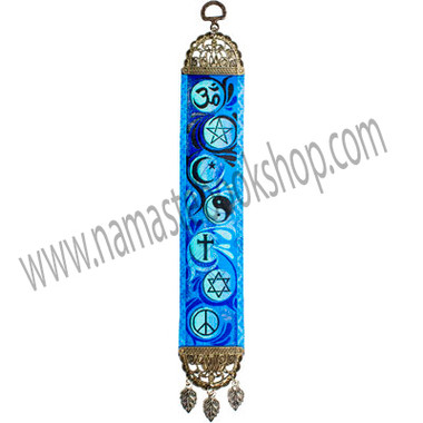 This inspiring mini hanging carpet is sure to renew your faith. It features faith symbols from around the world cast against a vibrant multi-toned blue background. Both ends of the carpet have been finished with a lovely antiqued metal frame. The top frame has a hanging loop and the bottom frame features matching leaf tassels. Exclusive Design
DIRECTIONS
Turkey
- See more at: http://www.kheopsinternational.com/p/Door-Hanging-Woven-Narrow-Carpet-Multifaith/63380.html#sthash.tT4dlumh.dpuf