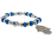 Glass Beads Elastic Bracelet Iridescent Blue w/ Evil Eye Fatima Hand (Each)