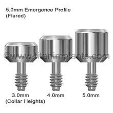 5.0mm emergence profile: wider healing abutment for 3.4mm seating surface implants, creating broader tissue support for premolar and molar restorations.