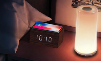 Multi-function Alarm Clock BenchMart Wireless Charger & Wooden LED Alarm Clock with Voice Control
