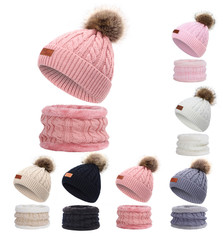 Winter Warm Kids Hat And Scarf Set Knitted Neck Warmer Beanie with Faux fur pom8786