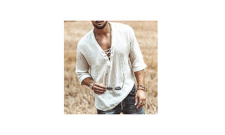 Fashion drawstring solid color T-shirt cotton and linen men-LA