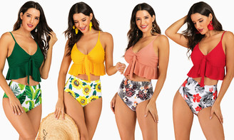 2305  NEW  Splitted Ms. Swallowing Swimsuit, lotus leaf high -waisted swimwear printing foreign trade bikini  6752