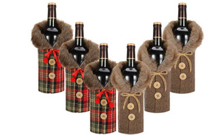 6Pieces Christmas Wine Bottle Cover Wine Bottle Dress Wine Bottle Sweater Cover Bags with Newest Collar & Button Coat Design for Xmas Party Decoration-3292la