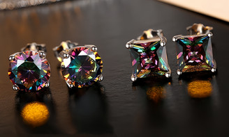  Square Black Mystic Rainbow Princess Cut  Stud Earrings For Women Sterling Silver Screwback -LA 1029