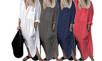 NEW-Summer and autumn elegant solid color slit dress, simple buttoned long shirt skirt-LA