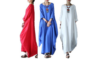 NEW-Loose solid color plus size round neck mid-sleeve dress